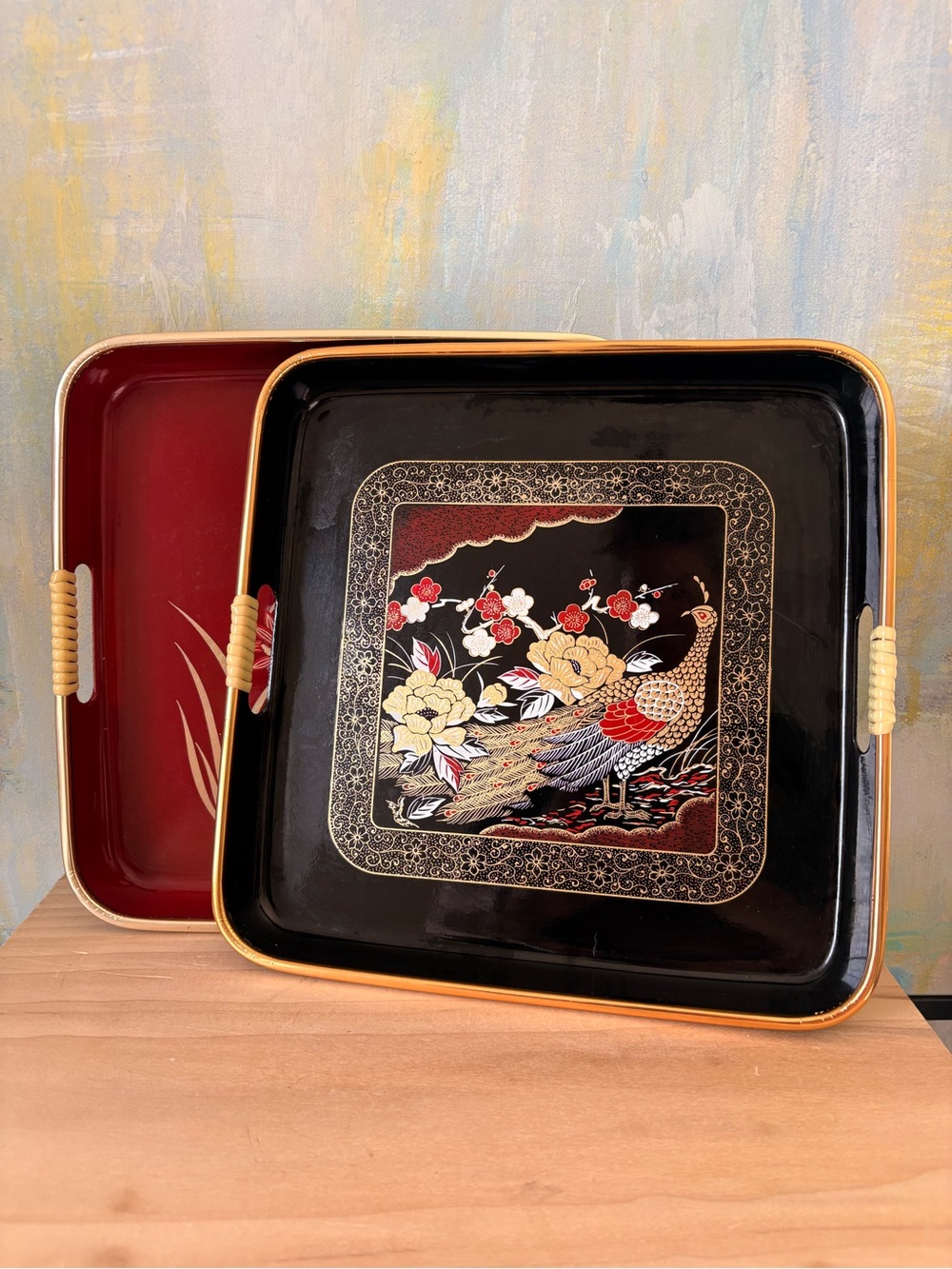 Vintage 1980s Lacquerware-Style Black and Red Floral Peacock Vanity Trays